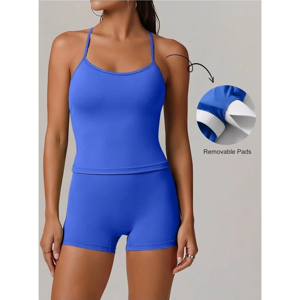 Women Workout Set Built in Bra 2 Pc Outfits Tank Tops Tummy Control Short B23